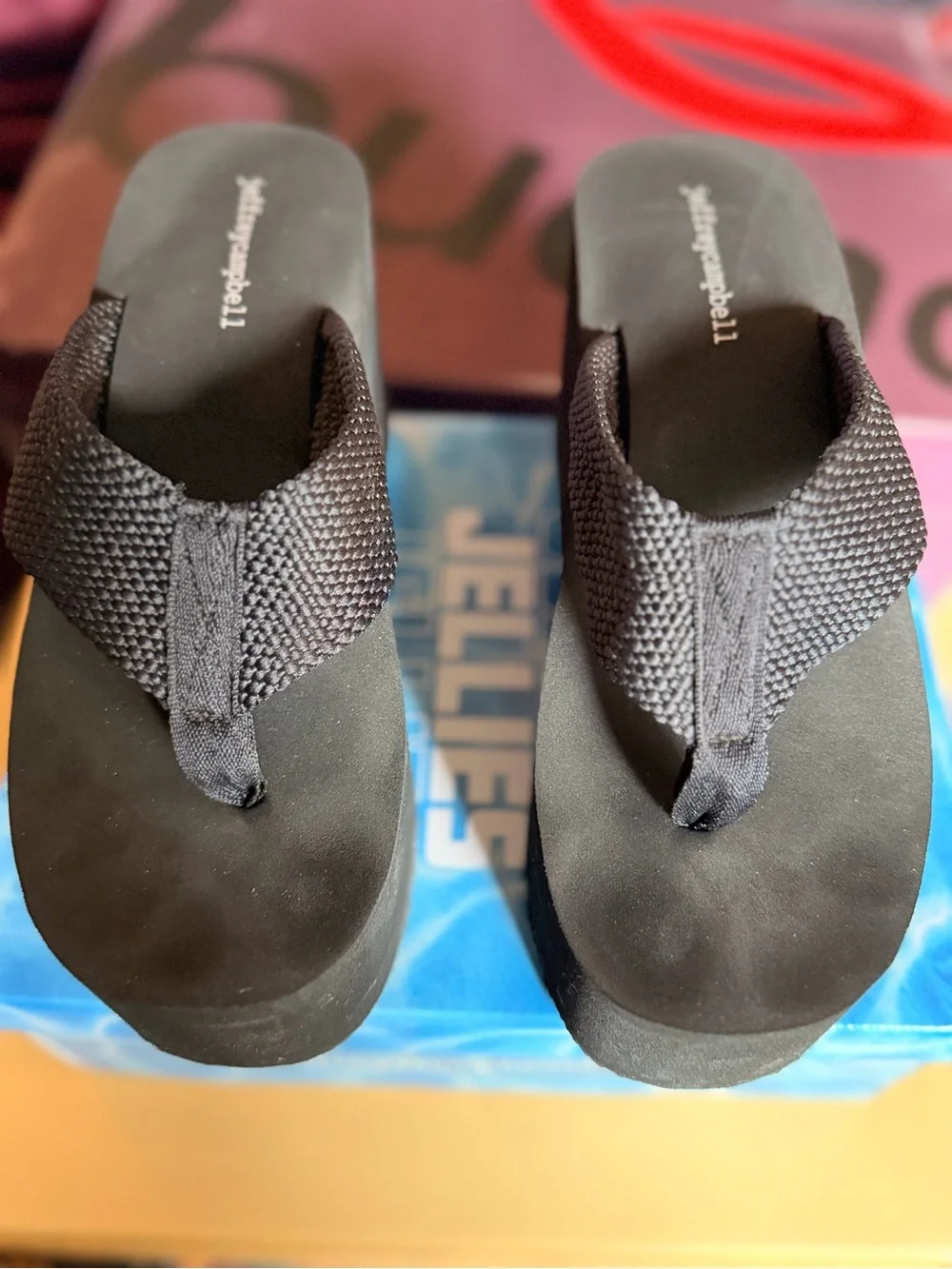 Jeffrey Campbell JELLIES Wavin Black Woven Platform Thong Sandals